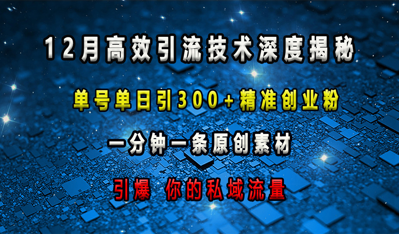 12月高效引流技术深度揭秘 ，单号单日引300+精准创业粉，一分钟一条原创素材，引爆你的私域流量v创吧-网创项目资源站-副业项目-创业项目-搞钱项目v创吧
