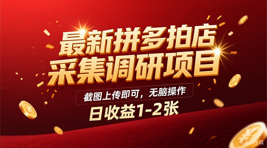 最新拼多多拍店采集调研项目，截图上传即可，无脑操作，日收益1-2张v创吧-网创项目资源站-副业项目-创业项目-搞钱项目v创吧