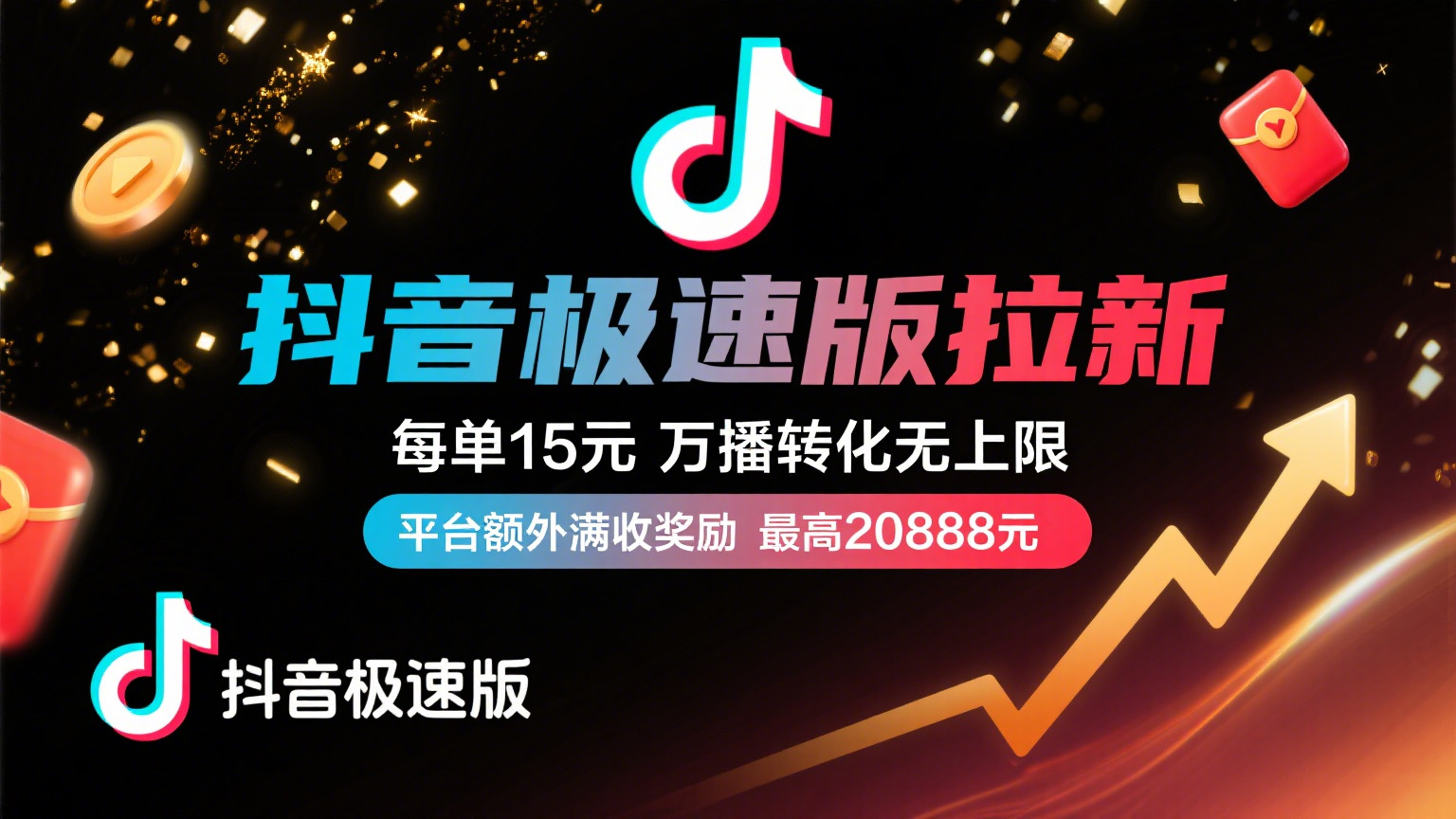 抖音极速版放福利，每单15元，万播转化无上限，平台额外满收奖励，最高可领20888元网创吧-网创项目资源站-副业项目-创业项目-搞钱项目v创吧