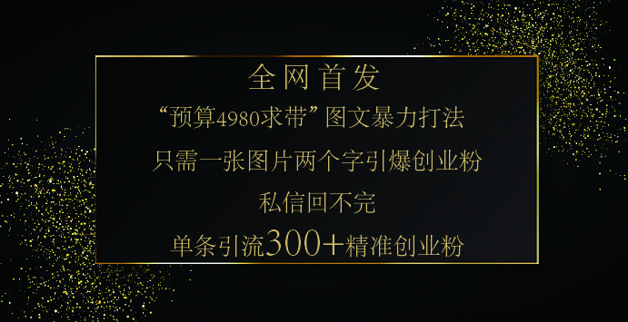 小红书，“预算 4980 带我飞” 的神奇图片引流法，堪称涨粉核武器！只需一张图，就能单条笔记凭借此方法，轻松引流 300 + 精准创业粉！网创吧-网创项目资源站-副业项目-创业项目-搞钱项目v创吧