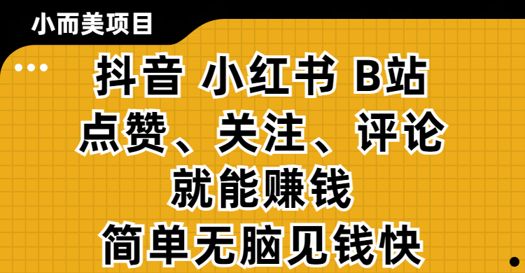 小而美的项目，抖音、小红书、B站视频点赞、关注、评论就能赚钱，简单无脑立见收益！妥妥的零撸项目网创吧-网创项目资源站-副业项目-创业项目-搞钱项目v创吧