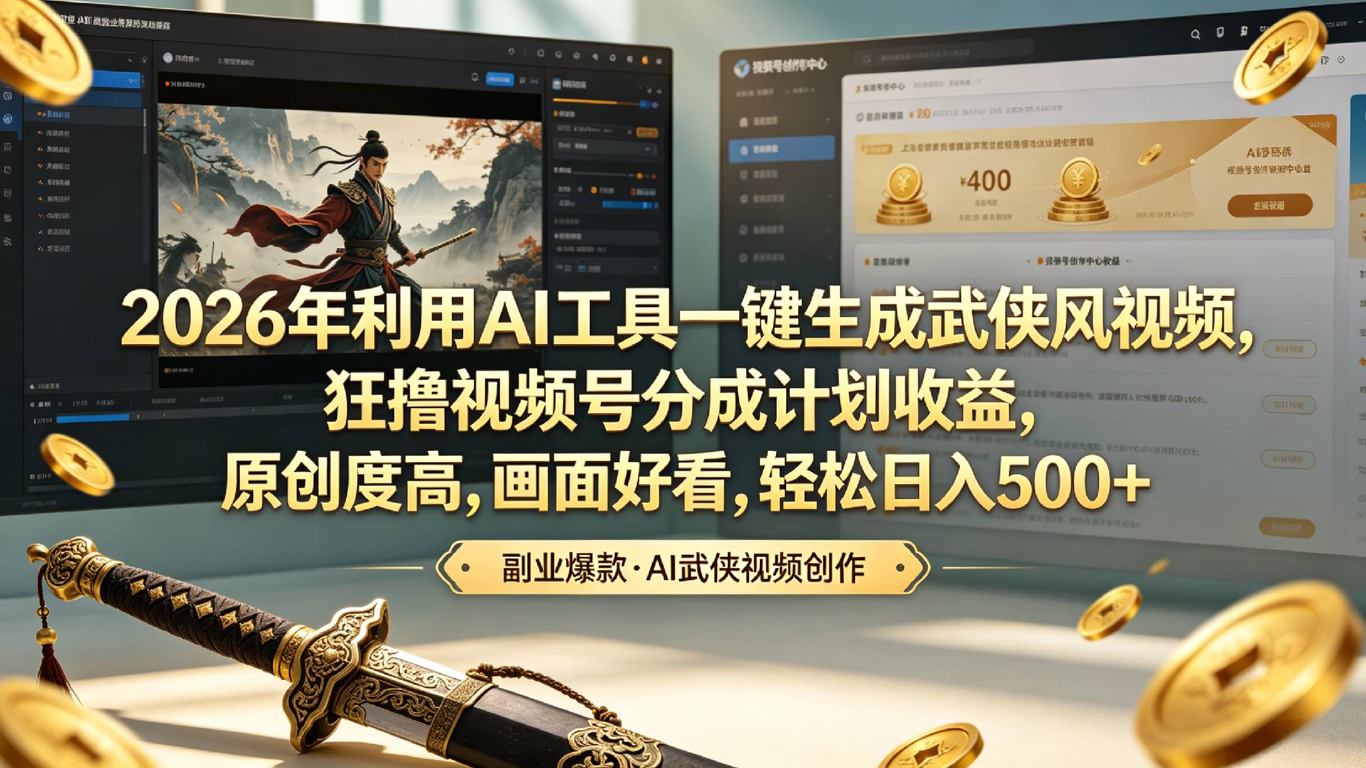 2026年利用AI工具一键生成武侠风视频,狂撸视频号分成计划收益,原创度高,画面好看,轻松日入500+v创吧-网创项目资源站-副业项目-创业项目-搞钱项目v创吧